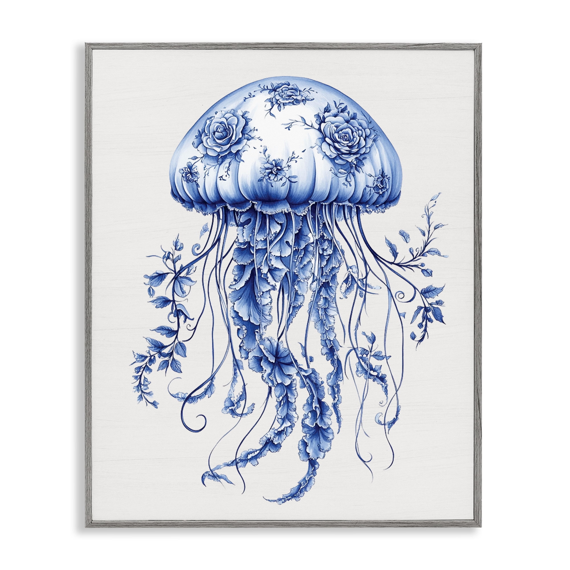 Funky Toile Jellyfish Gray Framed Giclee Art, design by Lettered and Lined