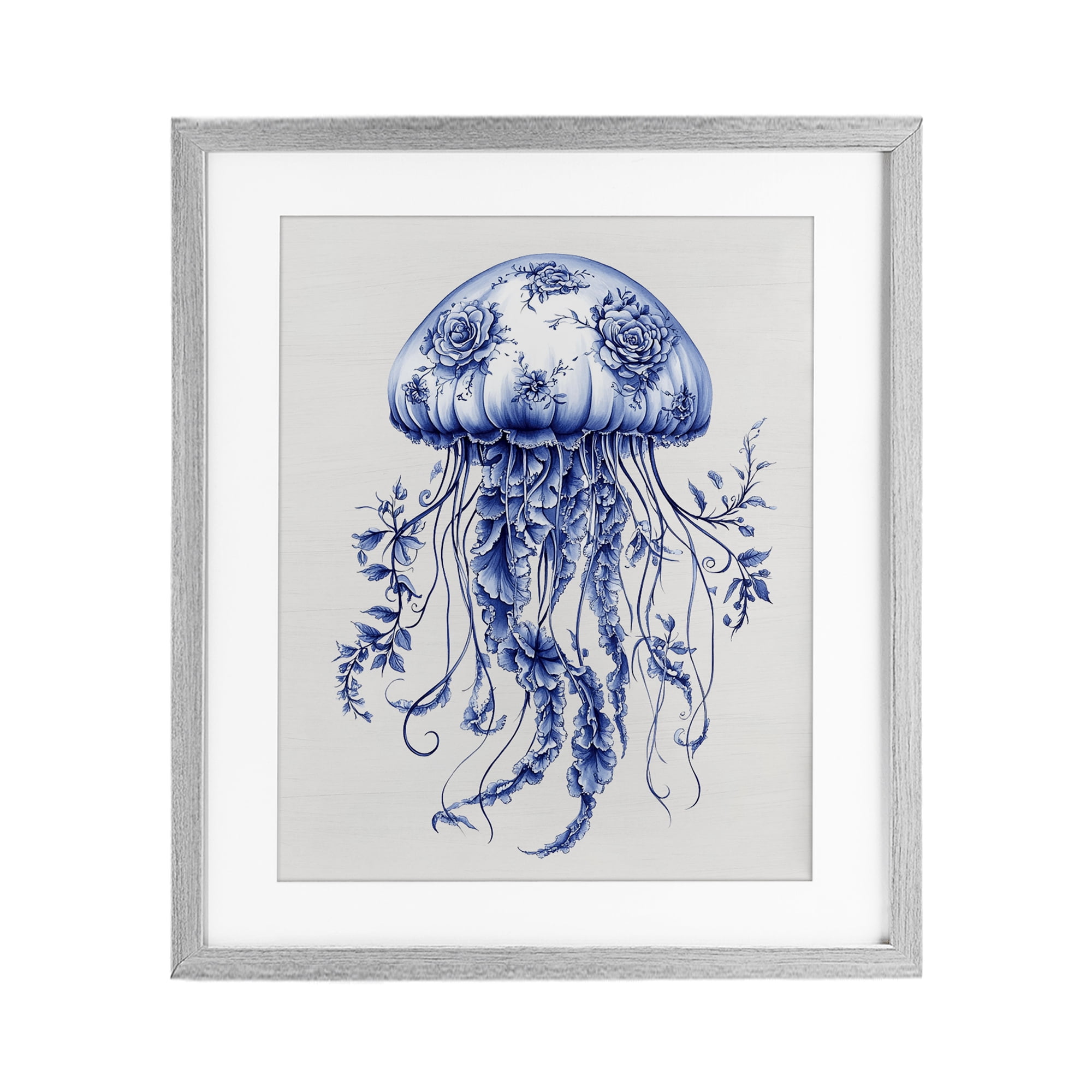 Funky Toile Jellyfish Gray Framed Print Under Glass, design by Lettered and Lined