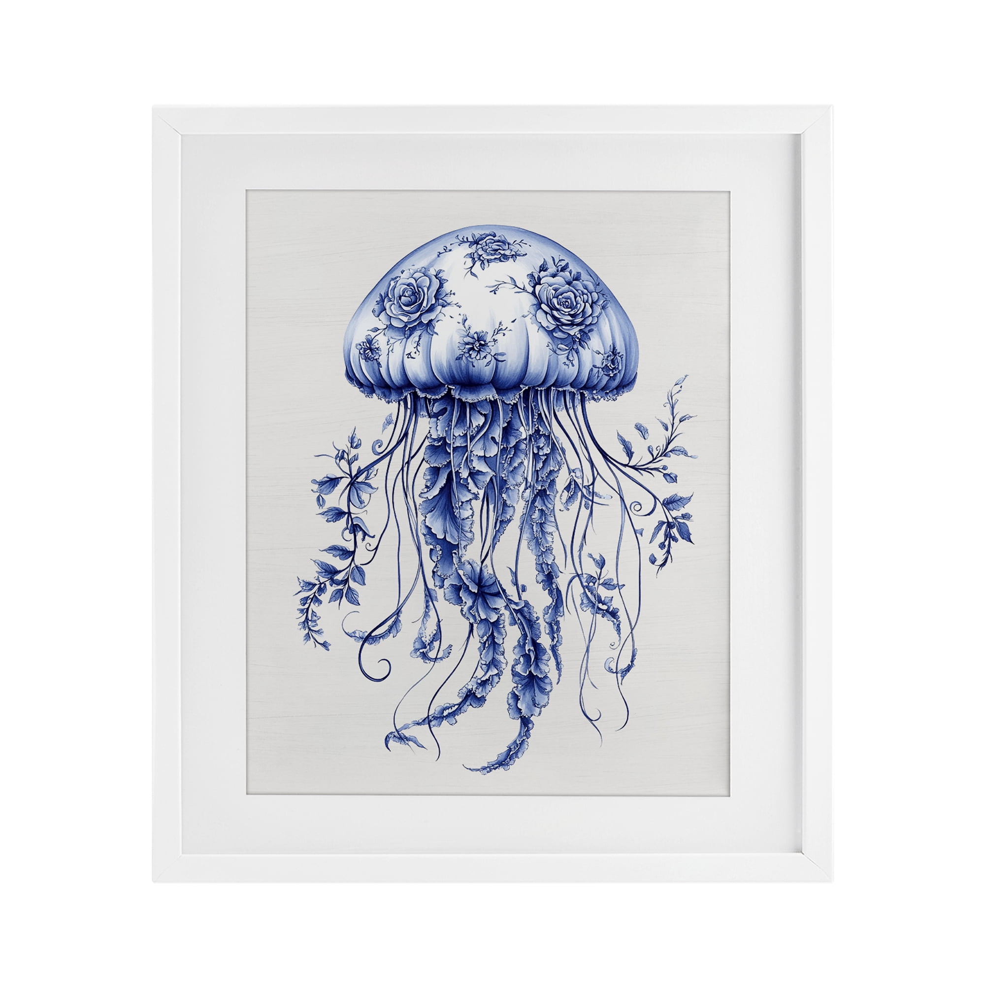 Funky Toile Jellyfish White Framed Print Under Glass, design by Lettered and Lined