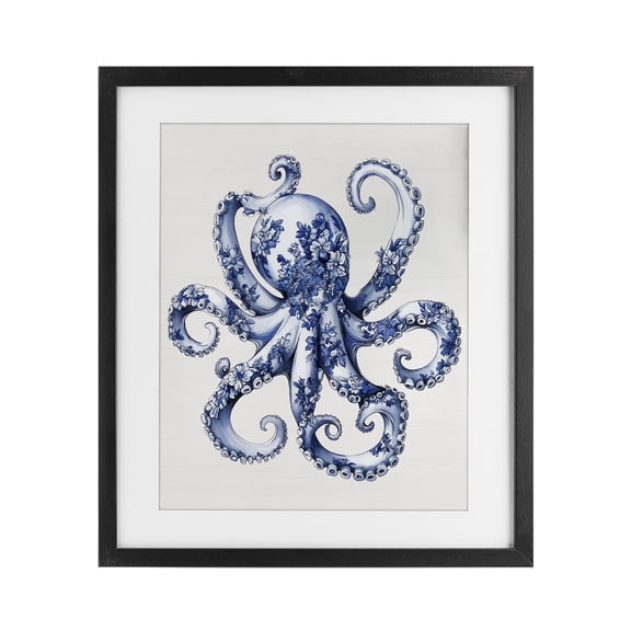 Funky Toile Octopus Black Framed Print Under Glass, design by Lettered and Lined
