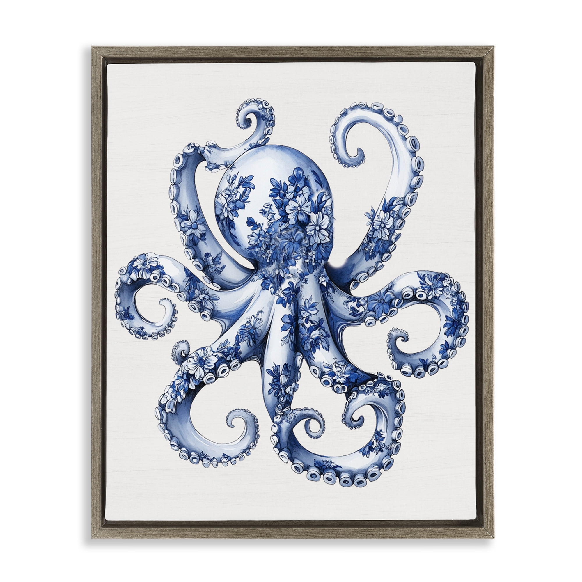 Funky Toile Octopus Brown Framed Floater Canvas Wall Art, design by Lettered and Lined