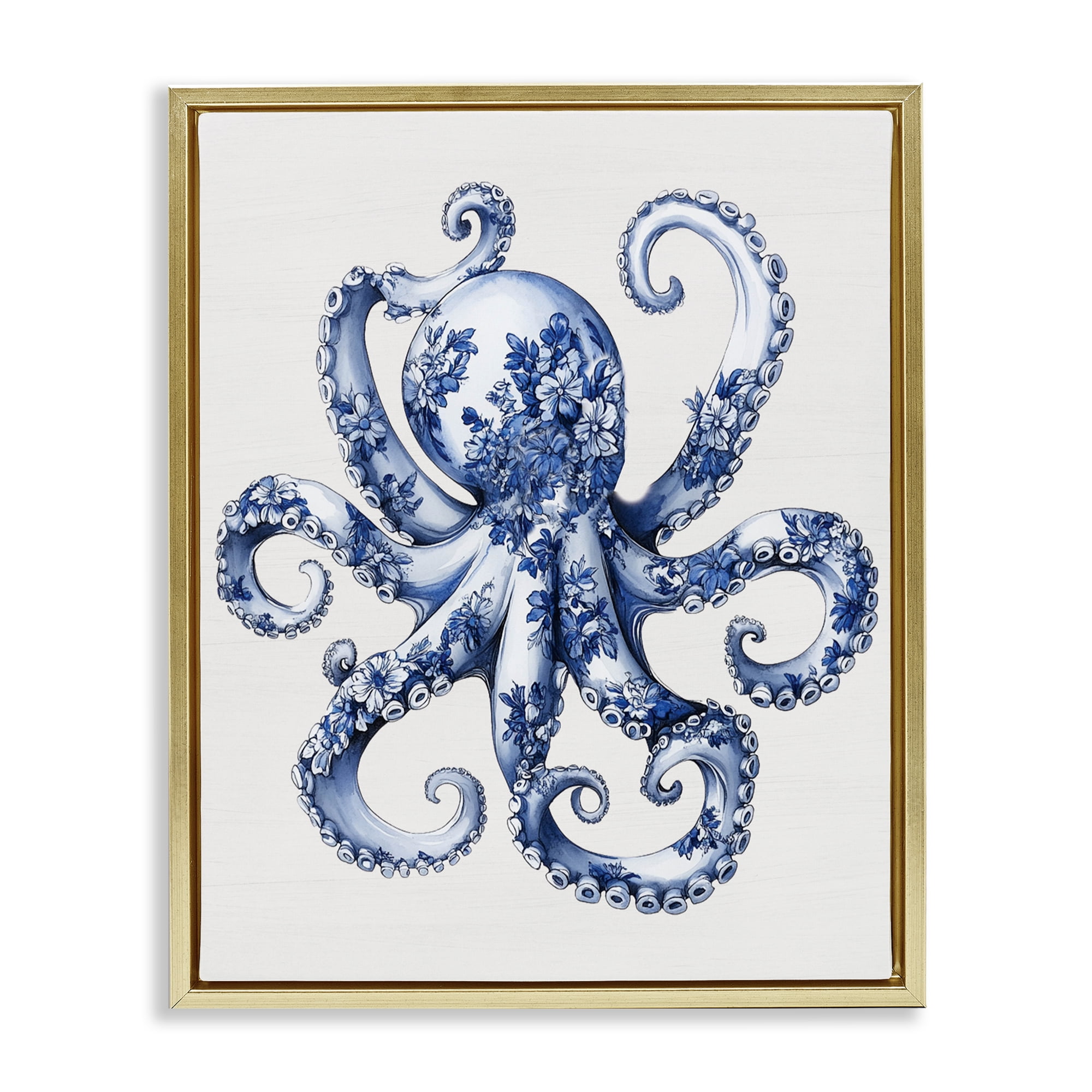 Funky Toile Octopus Gold Framed Floater Canvas Wall Art, design by Lettered and Lined