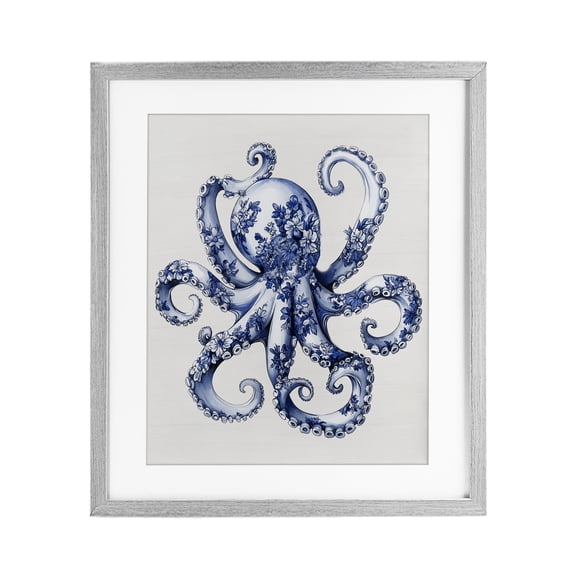 Funky Toile Octopus Gray Framed Print Under Glass, design by Lettered and Lined