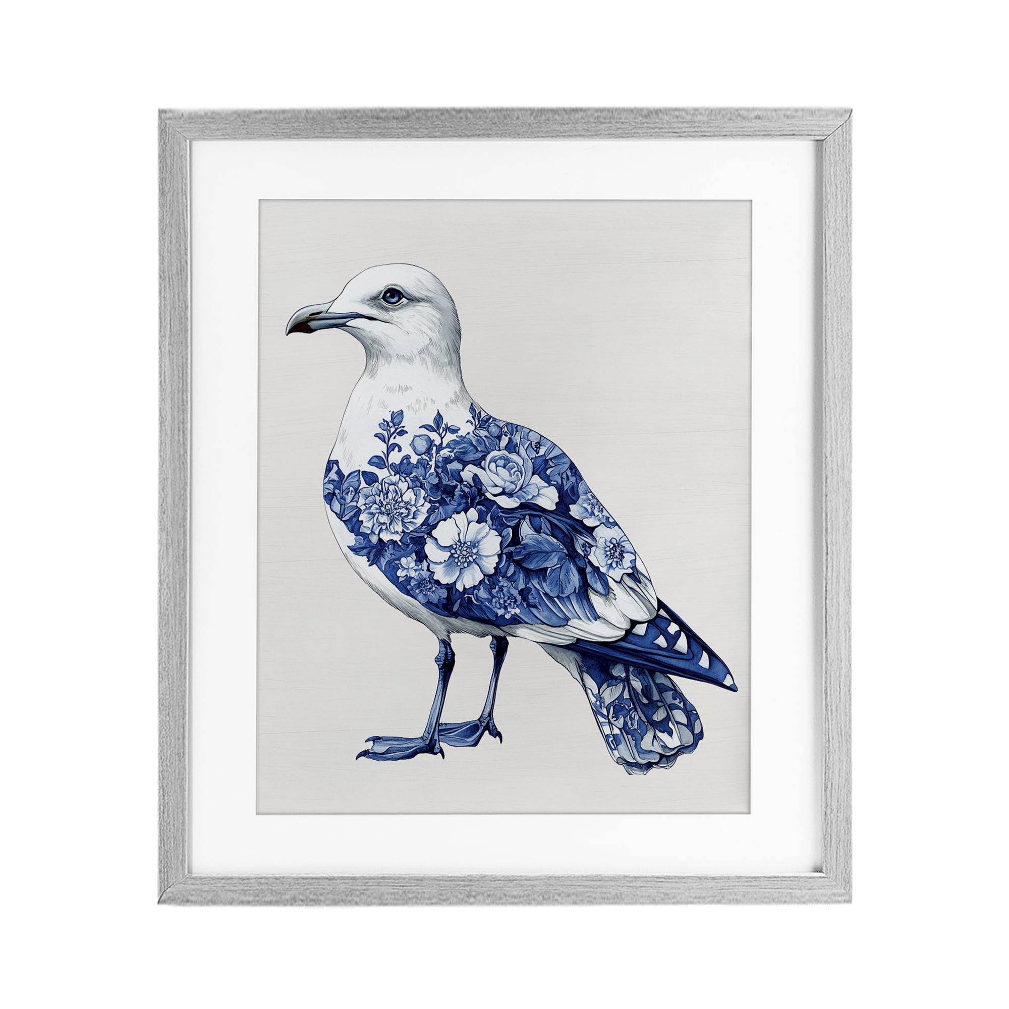 Funky Toile Seagull Gray Framed Print Under Glass, design by Lettered and Lined