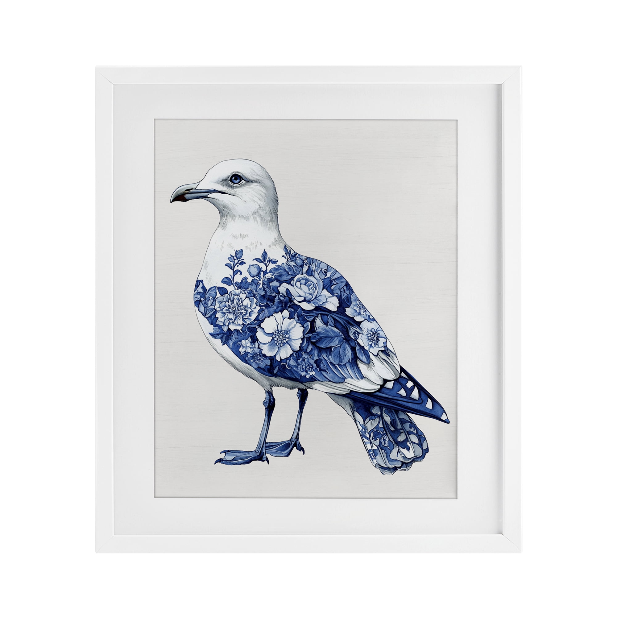 Funky Toile Seagull White Framed Print Under Glass, design by Lettered and Lined