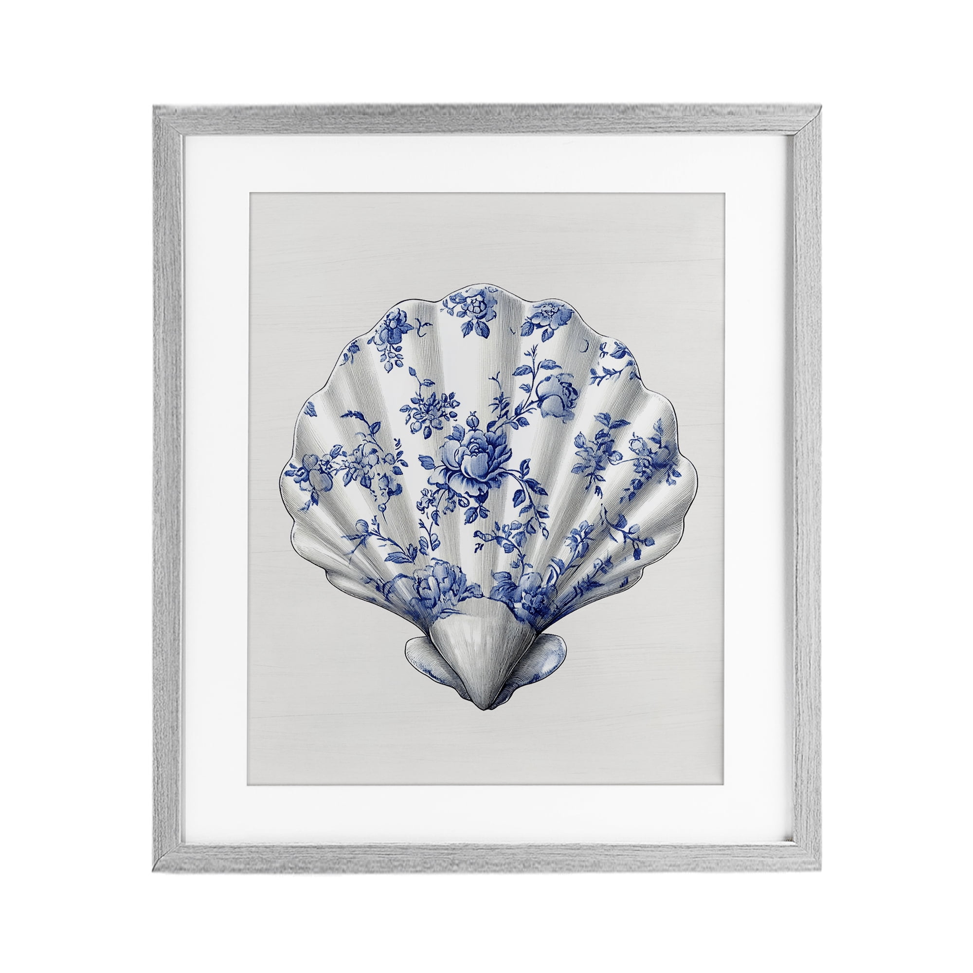Funky Toile Seashell Gray Framed Print Under Glass, design by Lettered and Lined