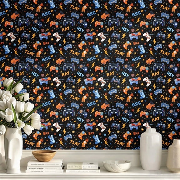 Funky Video Game Controller Pattern Stick Wallpaper, Quirky Retro Gamer Art Print Wall Art Wall Decor, Trendy Wall Decoration for Gaming Bedroom Dorm Room Apartment Home Decor