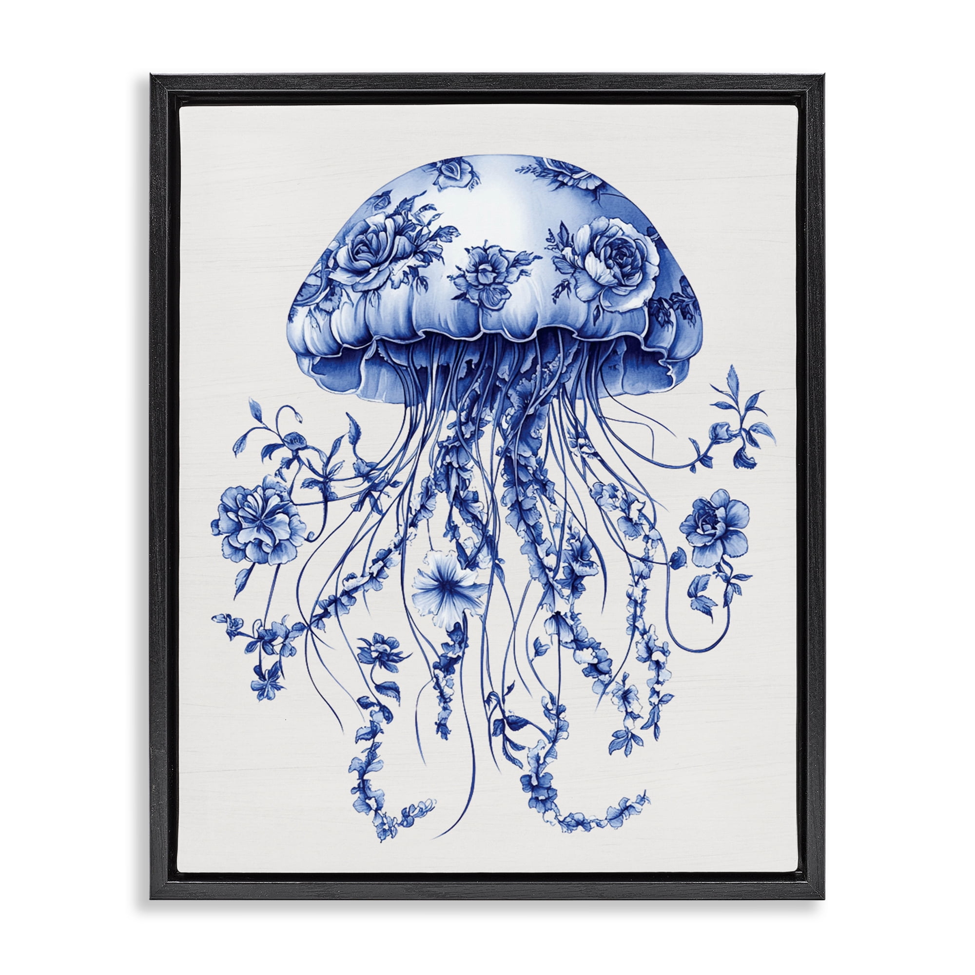 Funky Vintage Toile Jellyfish Black Framed Floater Canvas Wall Art, design by Lettered and Lined