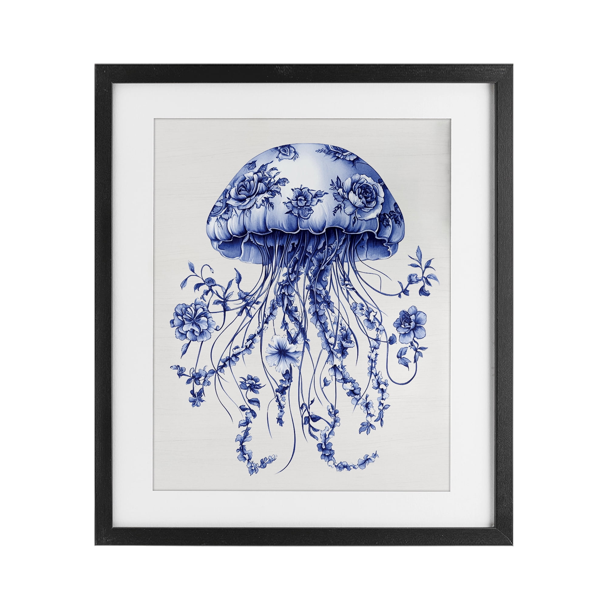 Funky Vintage Toile Jellyfish Black Framed Print Under Glass, design by Lettered and Lined