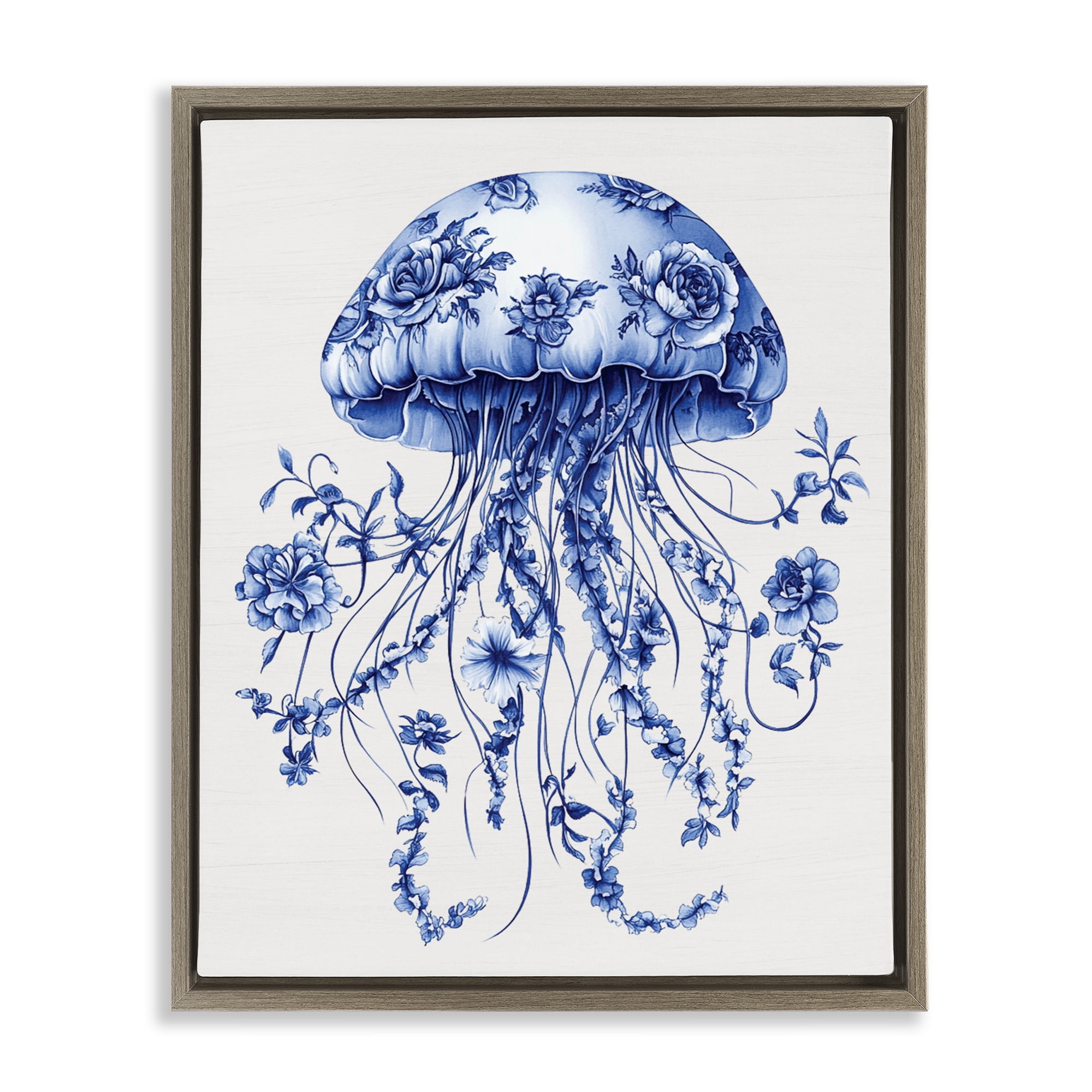 Funky Vintage Toile Jellyfish Brown Framed Floater Canvas Wall Art, design by Lettered and Lined