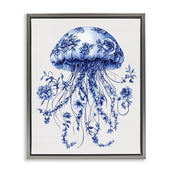 Funky Vintage Toile Jellyfish Gray Framed Floater Canvas Wall Art, design by Lettered and Lined