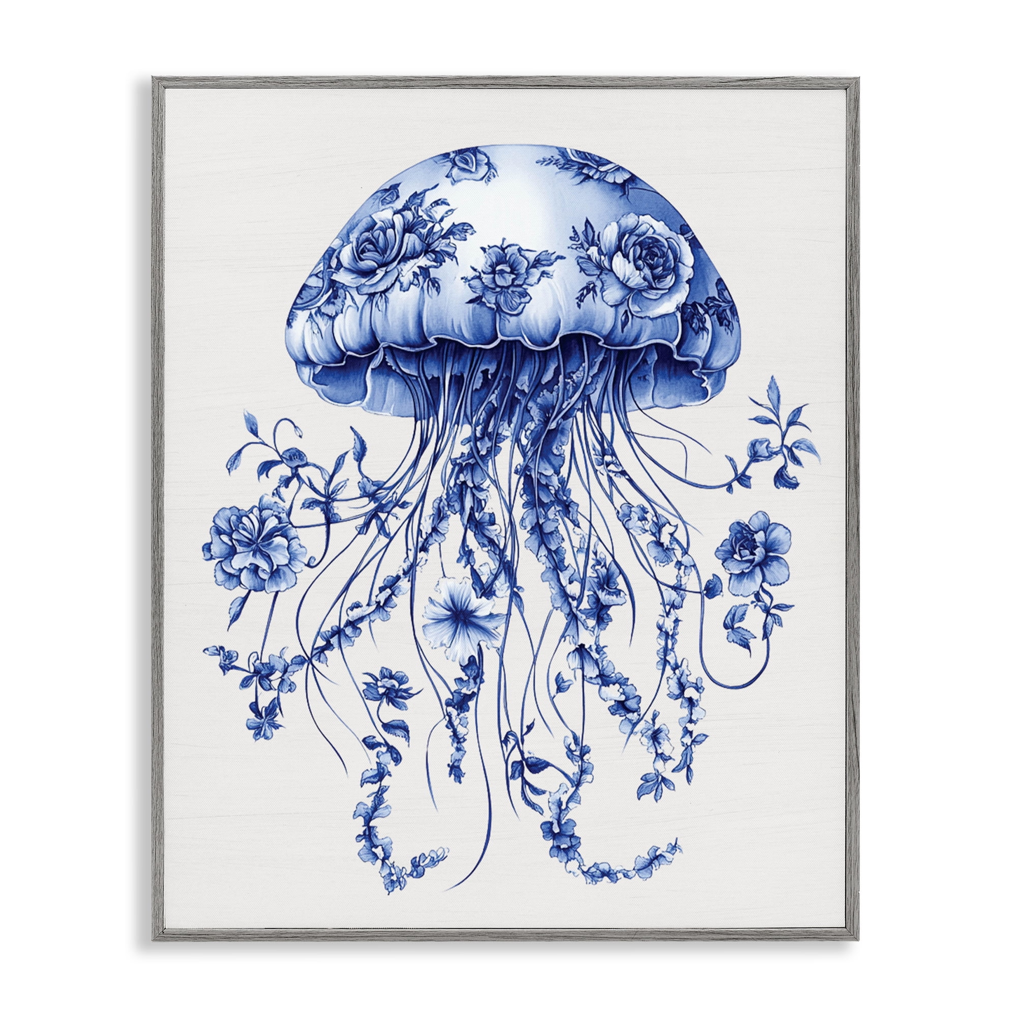 Funky Vintage Toile Jellyfish Gray Framed Giclee Art, design by Lettered and Lined
