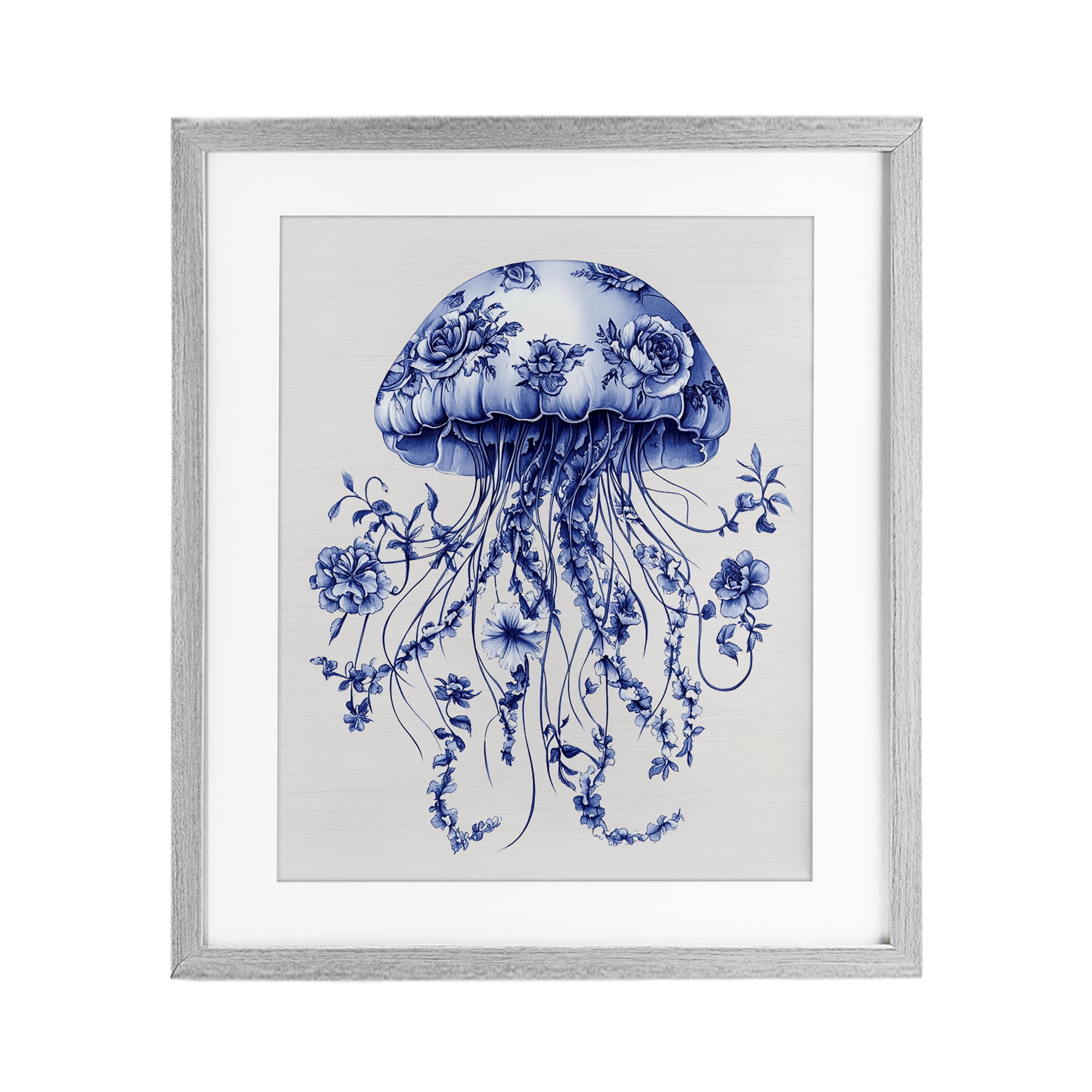 Funky Vintage Toile Jellyfish Gray Framed Print Under Glass, design by Lettered and Lined