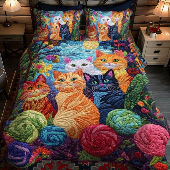 Funky Yarn Cat 3-Piece Quilted Bedding Set