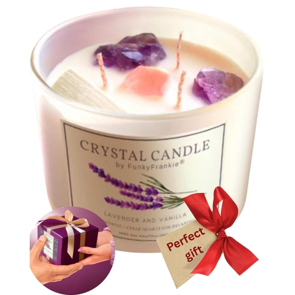 FunkyFrankie Extra Large Healing Crystals Candle, Valentine's Gifts for Women - Amethyst 12 oz Manifestation Candle for Gemini | Zodiac Gifts | Soothing Lavender for Mom Y101