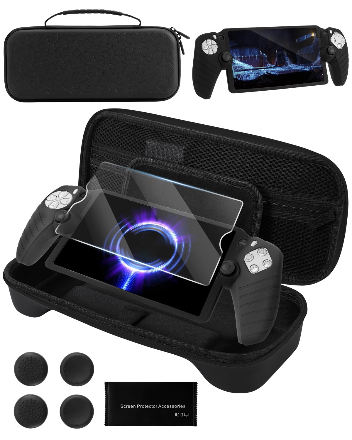 Funlab 4 in 1 Accessory Kit for Playstation Portal Compatible with Ps Portal Accessory Kit, Ps5 Portal Carrying Case with Case/Protective Film/Thumb Clip - Black