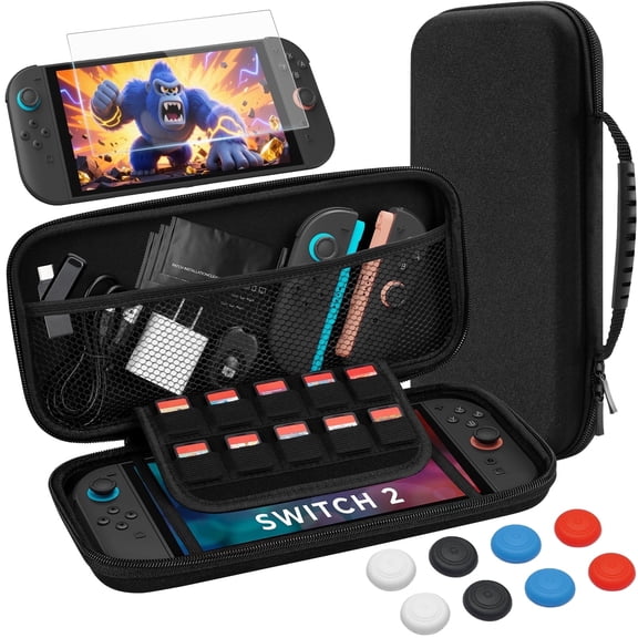 All-in-One Switch 2 Case & Glass Film: Hard Shell Carry Slim Case with 10 Game Slots & Joystick Caps, Travel Protective Accessories