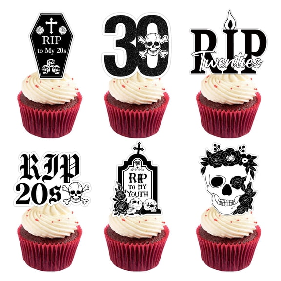 Funmemoir 36Pcs RIP 20s Cupcake Toppers Gothic Theme Party Decorations Death To My 20s Cupcake Toppers Rose Skull Rip To My Youth Picks Rip Twenties Cake Decorations for Men Women 30th Birthday Party