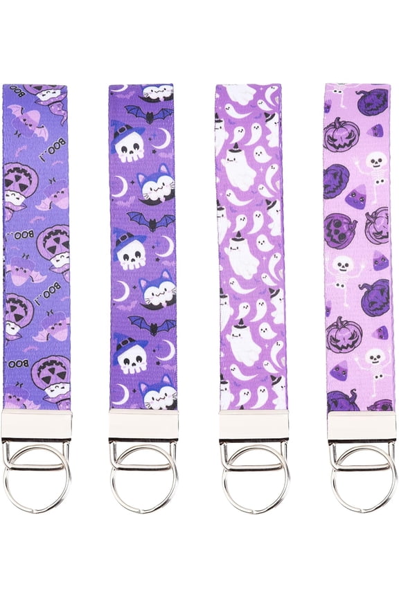 4Pcs Halloween Wristlet Lanyard, Halloween Keychain Wristlet Strap Purple Pumpkin Spooky Ghost Key Chain Holders for Happy Boo Day Halloween Birthday Baby Shower Party Gift