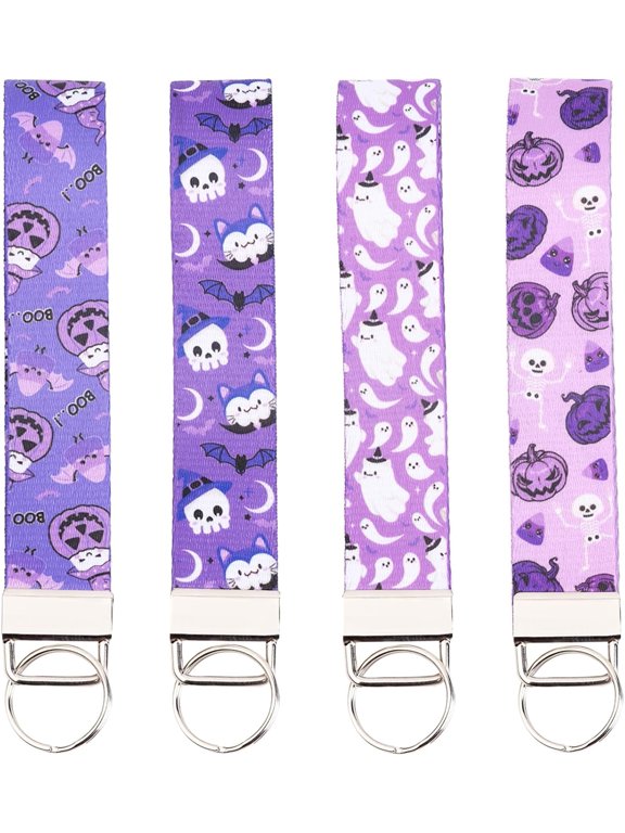 4Pcs Halloween Wristlet Lanyard, Halloween Keychain Wristlet Strap Purple Pumpkin Spooky Ghost Key Chain Holders for Happy Boo Day Halloween Birthday Baby Shower Party Gift