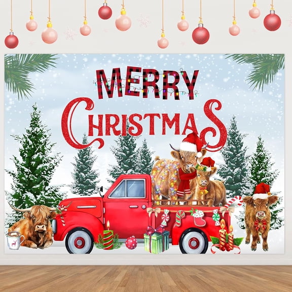 Funmemoir Christmas Backdrop Banner, Highland Cow Christmas Decorations, Merry Christmas Banner Backdrop 7x5ft Large for Christmas Holiday Party Decorations Photography Indoor Outdoor House Yard