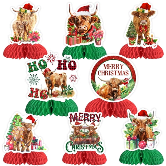 Funmemoir Christmas Decorations Honeycomb Centerpiece, 8pcs Merry Christmas Highland Cow Honeycomb Centerpiece Double Sided Printing for Highland Cow Christmas Baby Shower Birthday Table Decorations
