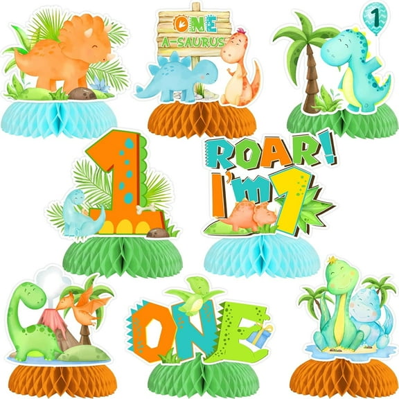 Funmemoir Dinosaur First Birthday Decor Boy - 8pcs Dinosaur Honeycomb Centerpieces, One A Saurus Birthday Decorations, Dino Birthday Table Toppers for Roar Im 1 Jungle Safari Animal 1st Birthday