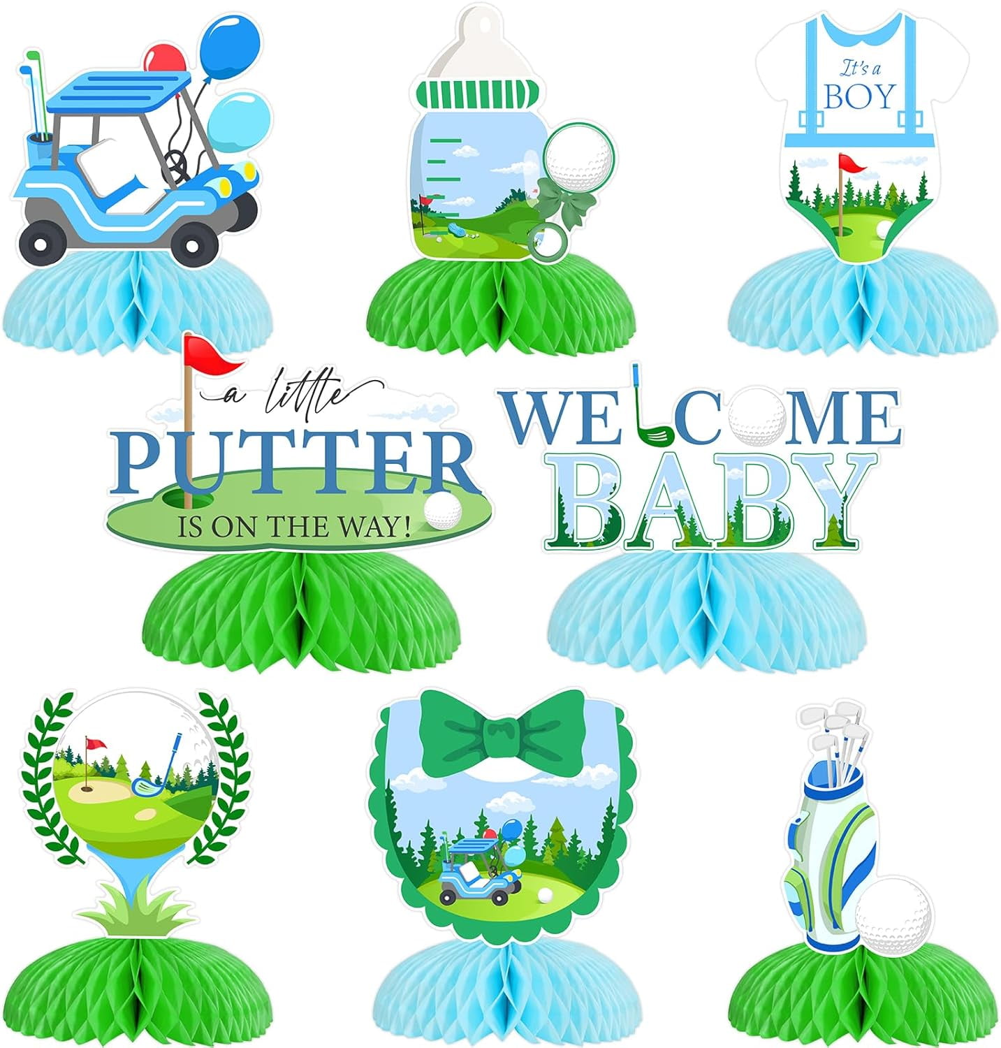 Funmemoir Golf Baby Shower Decorations for Boy - 8pcs Golf Honeycomb Centerpieces, A Little Putter is on the Way Baby Shower Table Decorations for Sports Golf Theme Gender Reveal Party