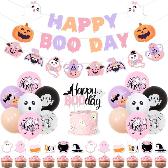Funmemoir Halloween Birthday Party Decorations Girl, Happy Boo Day Banner Garland Cake Cupcake Toppers Balloons for Pink and Purple Halloween Theme Birthday Supplies
