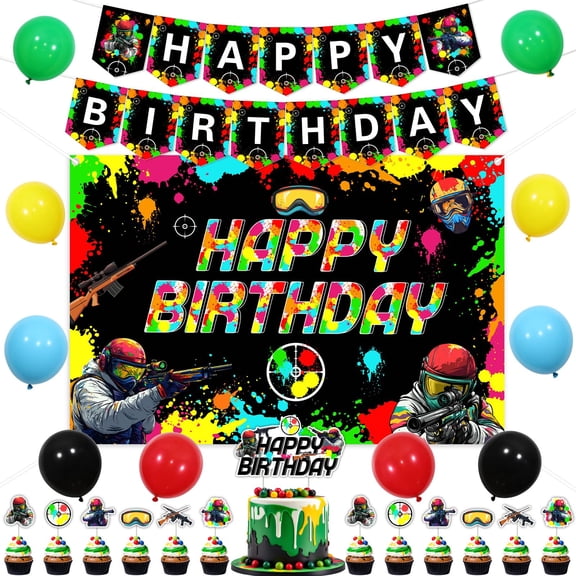 Funmemoir Paintball Birthday Party Decorations, Happy Birthday Banner, Backdrop, Cake Topper, Cupcake Toppers, Balloons for Game Paint Splatter Birthday Party Supplies Y101