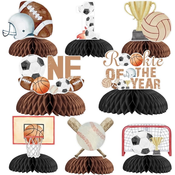 Funmemoir Sports 1st Birthday Party Decorations 8pcs Rookie Year 1st Birthday Honeycomb Centerpieces Double Sided Table Decorations for Boys Sports Theme Rookie Of The Year First Birthday Supplies