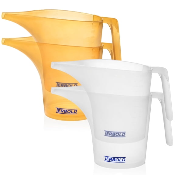 Funnel Pitcher with Spout 4pc Set | 1 Liter Plastic Measuring Pitchers for Cake, Pancake Dispenser, Soap Pouring or Oil Automotive use