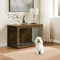 FunniHomi 27" Dog Crate Furniture, Wooden Dog Kennel Indoor with Cushion, Double Doors for Small/Medium Dogs, Rustic Brown