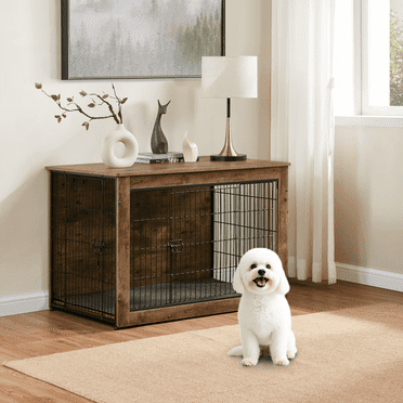 FunniHomi 27" Dog Crate Furniture, Wooden Dog Kennel Indoor with Cushion, Double Doors for Small/Medium Dogs, Rustic Brown