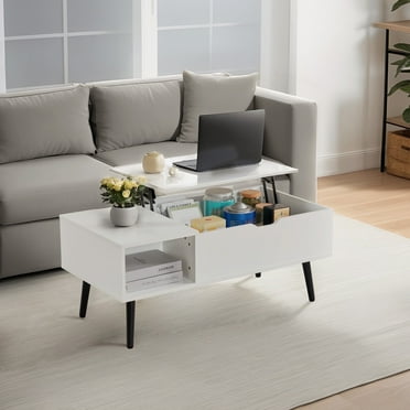 FunniHomi 39" Wood Lift Coffee Table, Center Table with Hidden Compartment and 2 Storage Spaces for Living Room and Office Room, Rising Tabletop, White