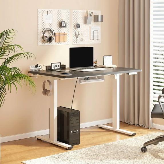 FunniHomi 40" x 24" Electric Height Adjustable Standing Desk with Hooks, Whole-Piece Desktop Cable Management Tray, and Built-in Power Outlet, Ergonomic Sit-Stand Desk for Home Office(2 Packages)