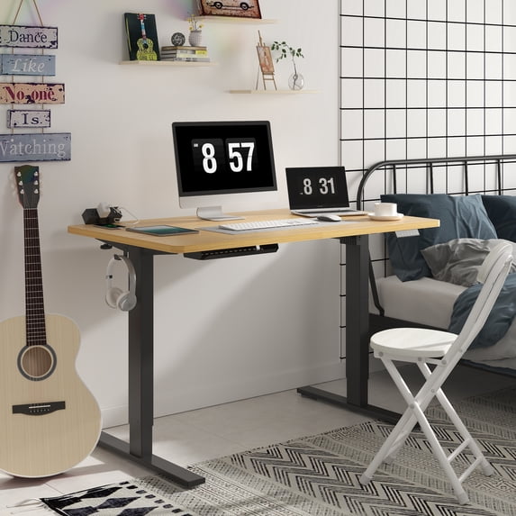 FunniHomi 48" x 30" Electric Height Adjustable Standing Desk with Hooks, Whole-Piece Desktop Cable Management Tray, and Built-in Power Outlet (Black Frame + Maple Top, 2 Packages)