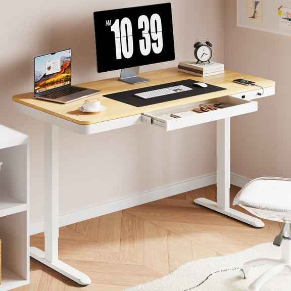 FunniHomi 55" Width Home Office Electric Standing Desk with Drawers, Sit Stand Desk with Storage, USB Charging, Height Adjustable Computer Desk for Home Office, Maple Top and White Adjustable Frame