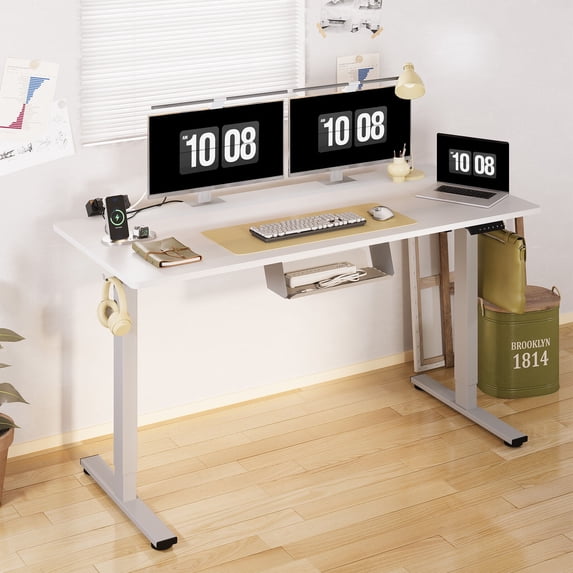 FunniHomi 55" x 28" Adjustable Standing Desk with Built-In Cable Management and Hook, Whole-Piece Desktop (Grey Frame + White Top, 2 Packages)