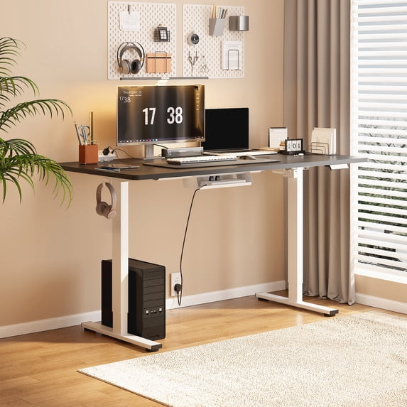 FunniHomi 55" x 28" Electric Height Adjustable Standing Desk with Hooks, Whole-Piece Desktop Cable Management Tray, and Built-in Power Outlet, Ergonomic Sit-Stand Desk for Home Office(2 Packages)
