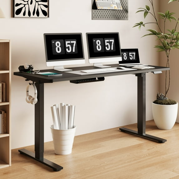 FunniHomi 60" x 24" Electric Height Adjustable Standing Desk with Hooks, Whole-Piece Desktop Cable Management Tray, and Built-in Power Outlet (Black Frame + Black Top, 2 Packages)