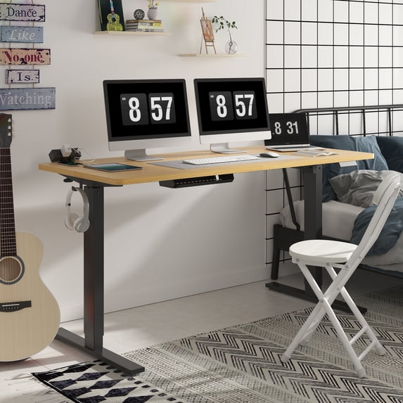 FunniHomi 60" x 24" Electric Height Adjustable Standing Desk with Hooks, Whole-Piece Desktop Cable Management Tray, and Built-in Power Outlet (Black Frame + Maple Top, 2 Packages)