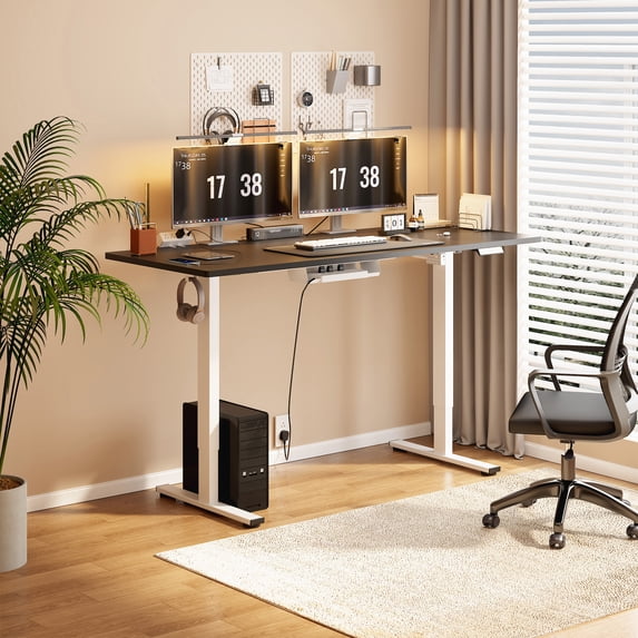 FunniHomi 60" x 24" Electric Height Adjustable Standing Desk with Hooks, Whole-Piece Desktop Cable Management Tray, and Built-in Power Outlet, Ergonomic Sit-Stand Desk for Home Office(2 Packages)