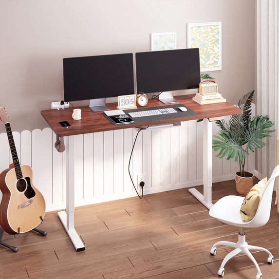 FunniHomi 60" x 24" Electric Height Adjustable Standing Desk with Hooks, Whole-Piece Desktop Cable Management Tray, and Built-in Power Outlet, Ergonomic Sit-Stand Desk for Home Office(2 Packages)