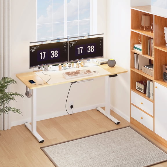 FunniHomi 60" x 24" Electric Height Adjustable Standing Desk with Hooks, Whole-Piece Desktop Cable Management Tray, and Built-in Power Outlet, Ergonomic Sit-Stand Desk for Home Office(2 Packages)