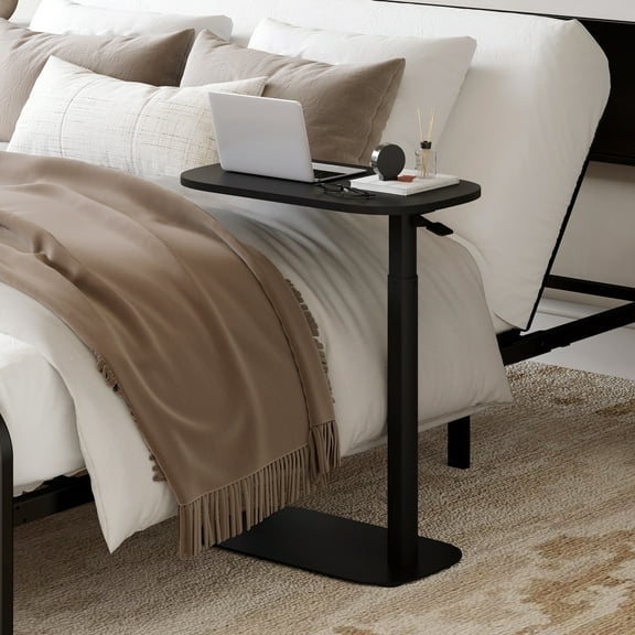 FunniHomi 23.6" W x 13.8" D Adjustable C Table with Wheels, Mobile Snack Side End Table for Sofa and Bed, Black