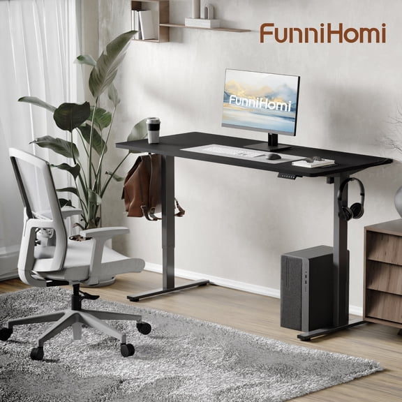 FunniHomi 40" x 24" Height Adjustable Electric Standing Desk with Hook, Whole-Piece Sit Stand Desk for Home Office, Black