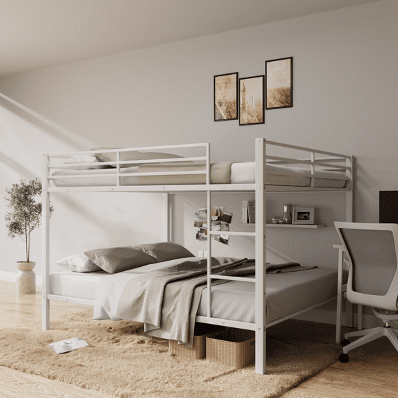 FunniHomi Metal Bunk Bed Full Over Full, Bunk Bed Frame with Ladder, High Guardrail and Metal Slats for Kids and Teens, No Box Spring Required, White
