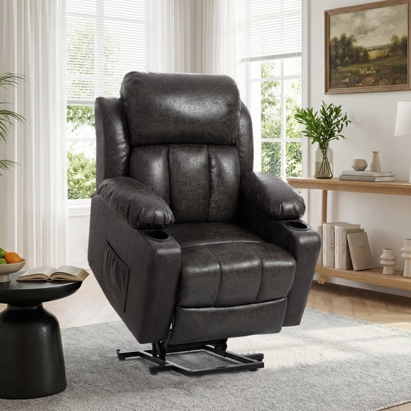 FunniHomi Power Lift Recliner Chair for Elderly with Massage and Heat, PU Leather Lift Reclining Sofa with Cup Holders and Side Pockets for Living Room Bedroom, Charcoal