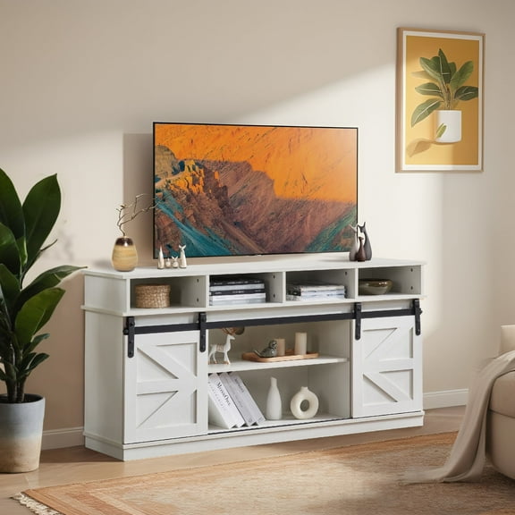 FunniHomi TV Stand Sliding Barn Door Modern&Farmhouse Wood Entertainment Center Storage Cabinet Table Living Room with Adjustable Shelves for TVs Up to 65"